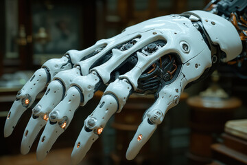 Robotic hand with a glowing light.