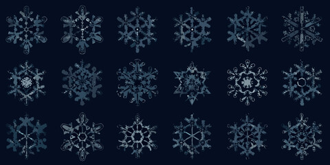 A collection of detailed pixelated snowflake designs against a dark backdrop