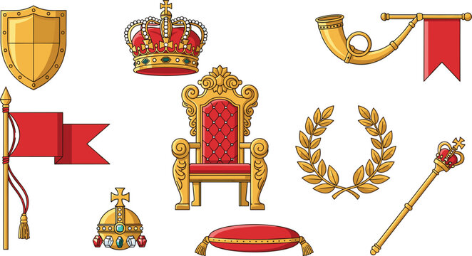 Royal regalia collection with crown throne scepter shield banners and laurel wreath, monarchy symbols vector illustration