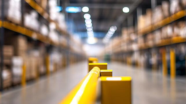 A vast warehouse stretches with tall shelves filled with boxes. A yellow safety barrier defines the aisle. Soft lighting creates depth, ideal for logistics and storage.