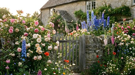 Charming english country cottage garden in full bloom with stone wall and wooden gate