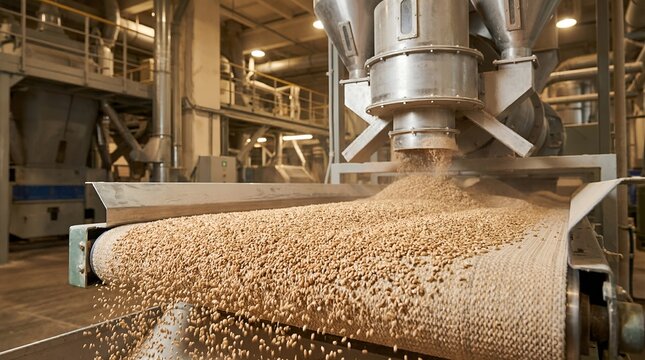 Grain processing plant with conveyor belt full of raw materials.