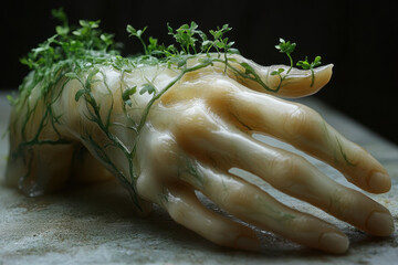 Hand holding a bunch of green sprigs.