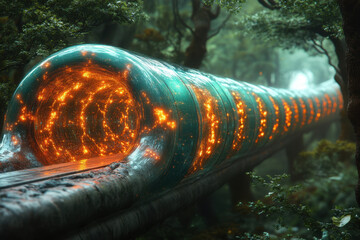 Large green tube with glowing lights inside.