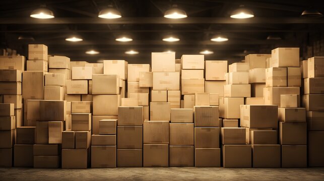 Warehouse Full of Cardboard Boxes Stacked High Under Industrial Lighting.