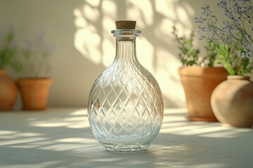 Glass bottle with cork top.