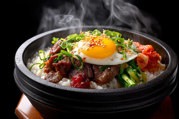 Korean beef and egg rice bowl, food photography, hot plate with steam coming out of it on black Background 