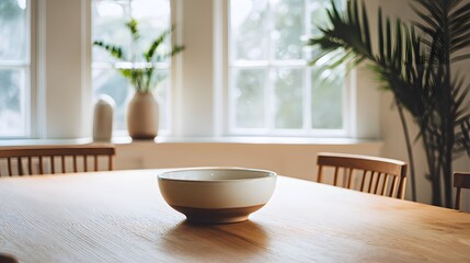 Warmly Lit Dining Room Table with Ceramic Bowl and Natural Light.