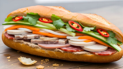 Delicious vietnamese sandwich with fresh vegetables and meat on a wooden table