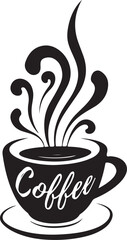 A hot cup of coffee with steam rises from a brown ceramic mug on a saucer, featuring a vector icon design perfect for a cafe breakfast or morning espresso beverage illustration