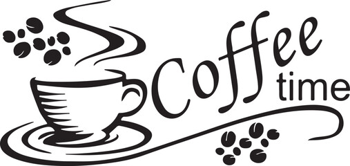 Vector illustration of a hot espresso mug and cup of coffee with a heart design and aromatic beans for a cafe breakfast beverage logo
