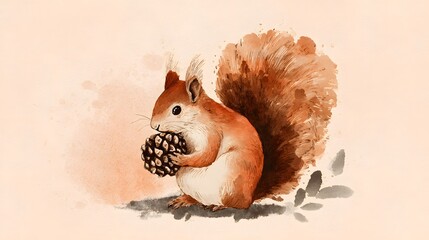 Watercolor illustration of a cute red squirrel holding a pine cone.