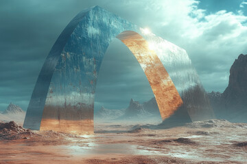 Giant arch standing in a futuristic landscape.