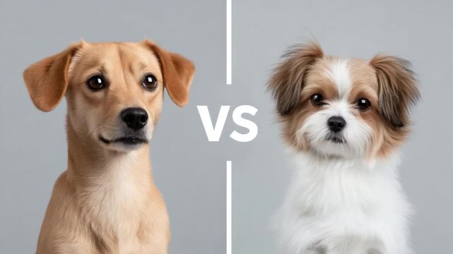 Playful Dog Challenge: Two Distinct Breeds Face Off in a Charming Split Image 4k video footage