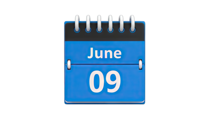 Blue Calendar Showing June 9th on White Background