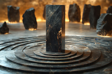 Black marble fountain with metal base.