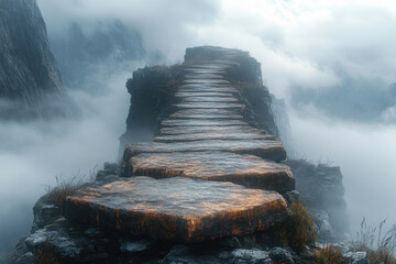 Stone path leading to mountain peak.