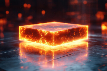 Fire surrounds a cube on the floor.