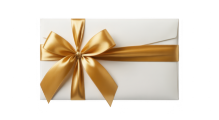 White gift box with gold ribbon tied in a bow on isolated on a transparent background
