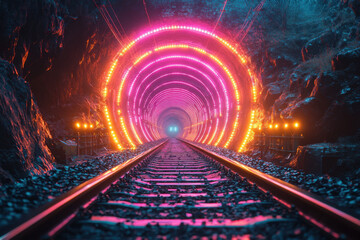 Neon-lit train track cutting through darkness.