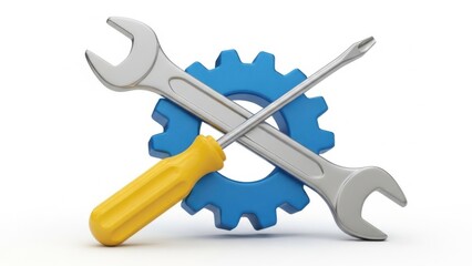 A conceptual representation of repair, maintenance, and technical support using tools and a gear symbol