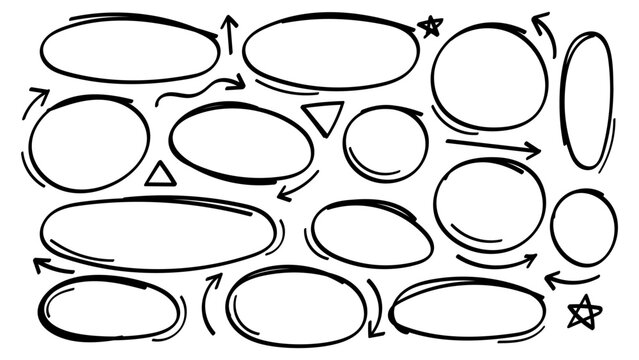 Collection of hand-drawn doodle elements, including various oval and circular highlight frames, arrows, stars, and triangles.