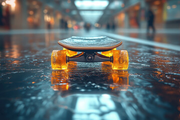 Yellow wheeled skateboard on floor.