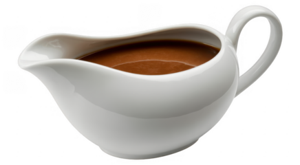 White gravy boat filled with brown gravy ceramic isolated on a transparent background