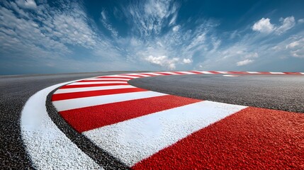 Winding Race Track Curve with Red and White Chequered Markings Under a Cloudy Sky.