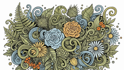 Whimsical Botanical Doodle Art with Flowers and Leaves.