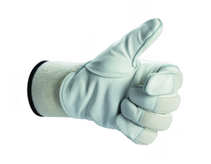 White leather glove with thumb up gesture isolated on a transparent background