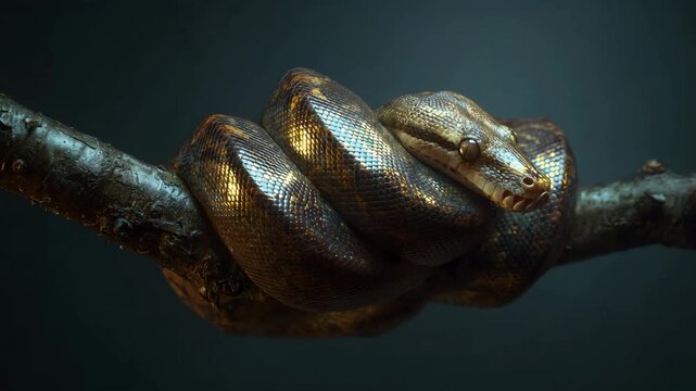 Coiled snake resting on tree branch in dark moody wildlife scene