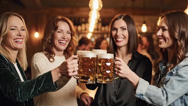 Four smiling women toasting with frothy beer steins having fun in a dark pub setting