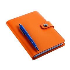 Orange Leather Notebook with Blue Pen isolated on a transparent background 1