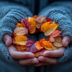 Person holding autumn leaves.