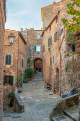 A charming medieval alley in Campiglia Marittima, Tuscany. The narrow street is lined with historic stone buildings, green shutters, and potted plants, leading to a traditional stone archway