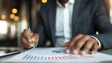 Focused businessman reviewing charts and graphs. Analyzing market trends and making strategic business decisions. Precision in every stroke for insightful planning.