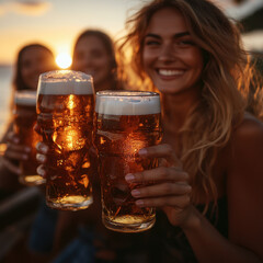 women toasting beer at sunset.