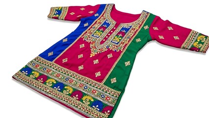 Colorful Embroidered Traditional Dress with Mirror Work on White Background embroidery ethnic