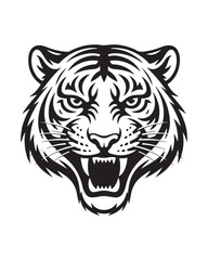 Fototapeta premium A fierce tiger head is depicted roaring with an open mouth and sharp teeth in a bold black and white style
