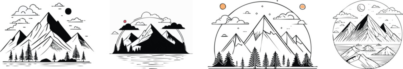 Clean line art mountain landscape library with simple thin outlines calm peaks minimalist scenic style