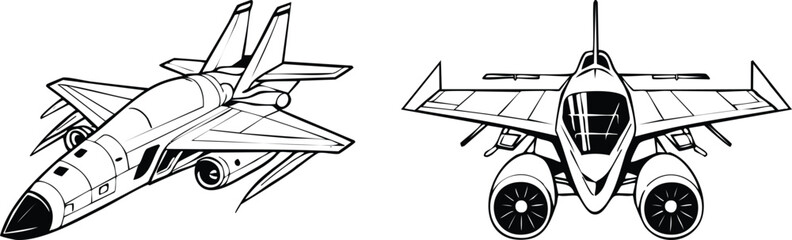 Compact fighter spaceship illustrated in bold black line art with sleek wings science fiction style