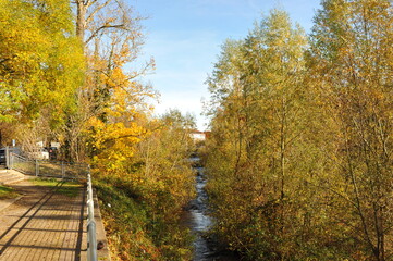 Fototapeta premium Quiet walking path lined with metal fencing beside peaceful river and vibrant autumn leaves