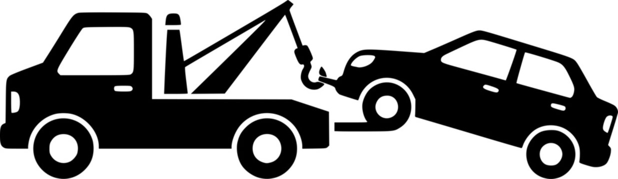 simple tow truck towing broken down car silhouette side view icon symbol transparent background
