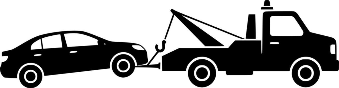 simple tow truck towing broken down car silhouette side view icon symbol transparent background
