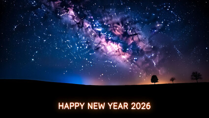 Fototapeta premium Happy new year 2026 glowing text under a vibrant starry night sky