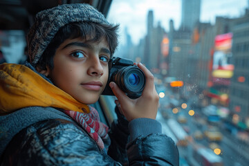 Young boy with camera looking through window.