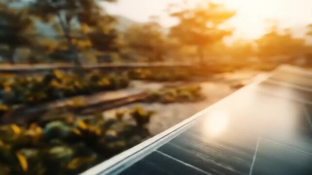 Solar panel close-up reflecting sunlight with blurred park and trees background, green energy concept