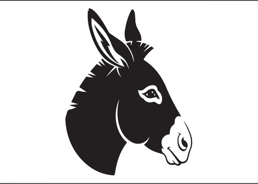 Black and White Donkey Head Silhouette Portrait with Ears Up and Alert Expression Closeup