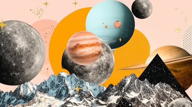 A cosmic collage featuring planets, moons, and mountains with stars and abstract shapes